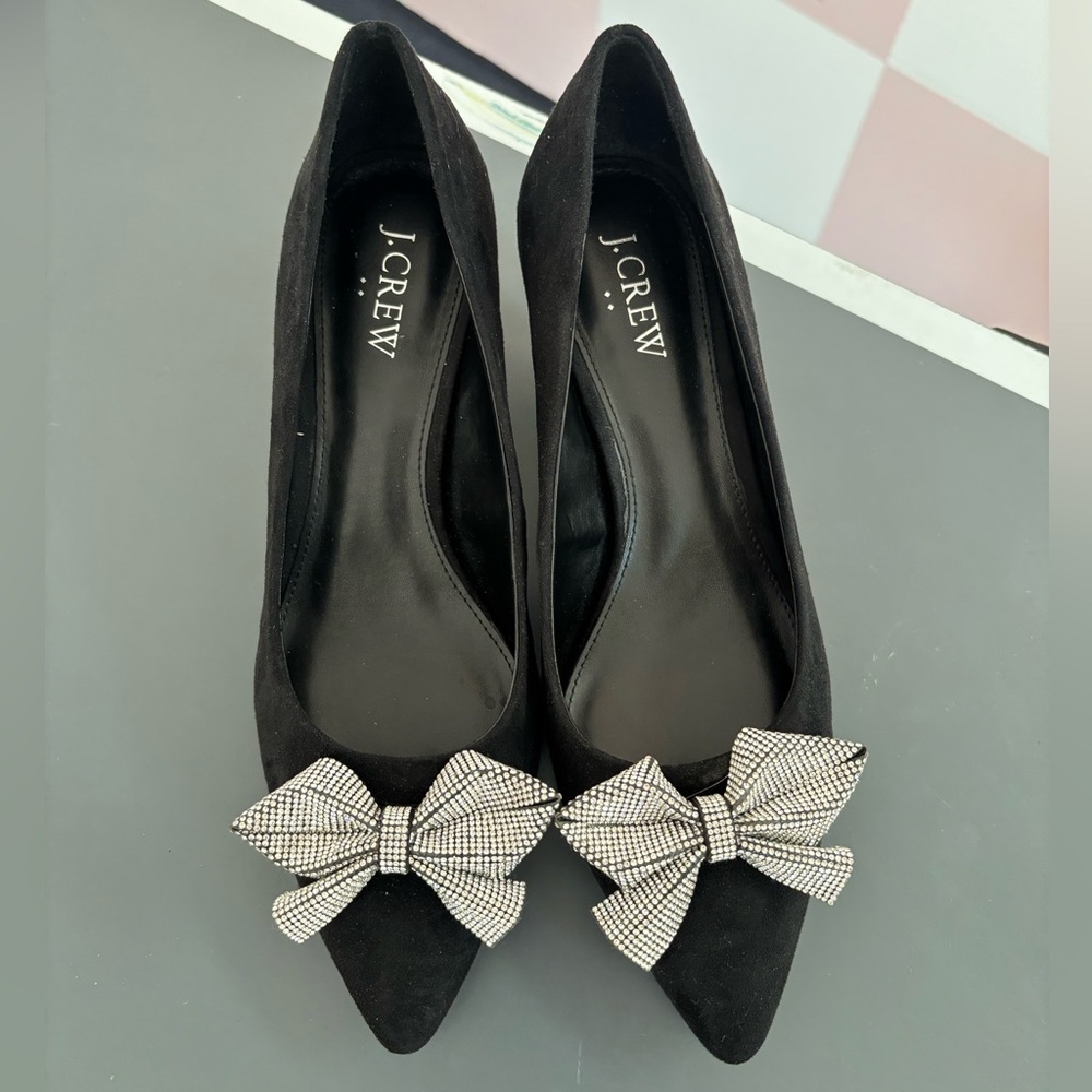 J. Crew Black Suede Pointed-Toe Esme Kitten Herls with Crystal Bow